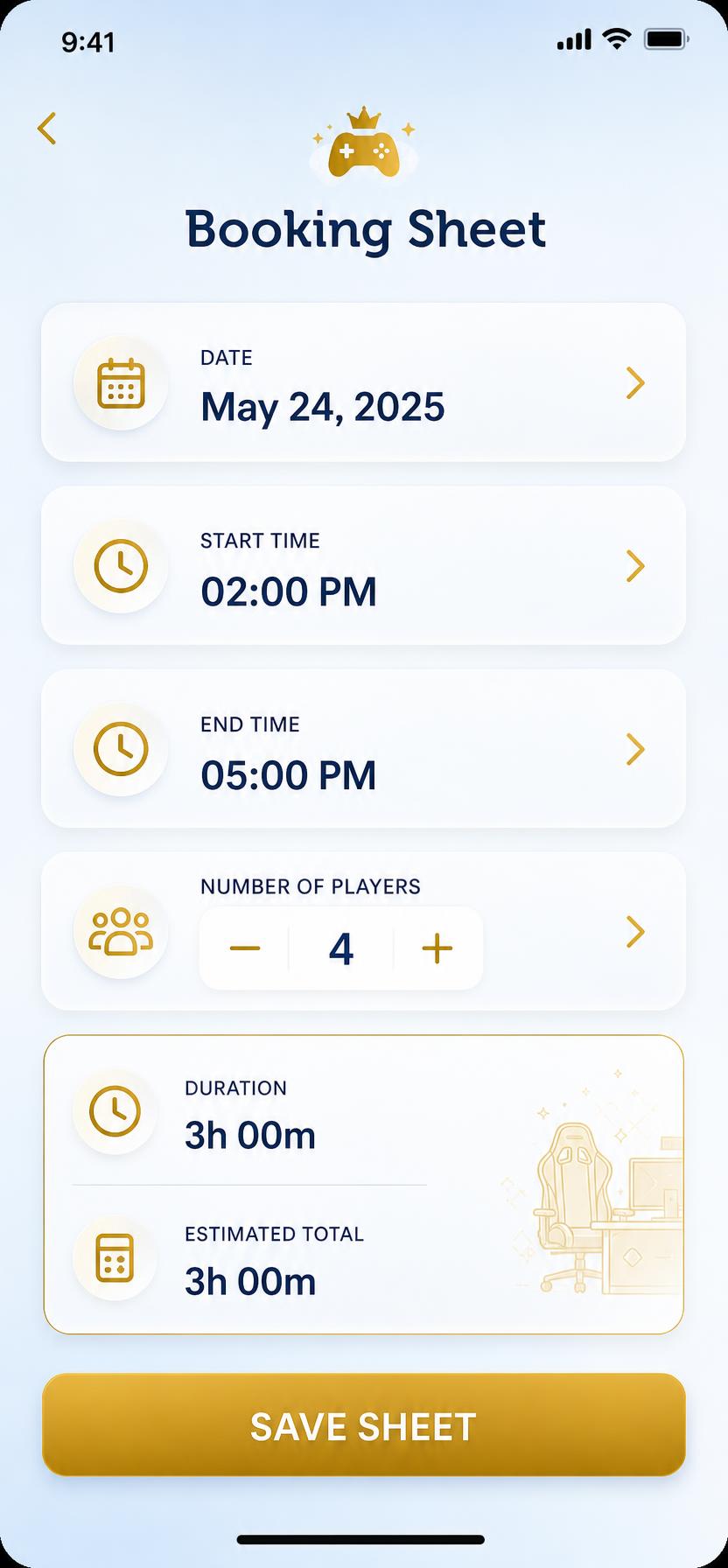 Booking sheet with date, times, players, duration and estimated total