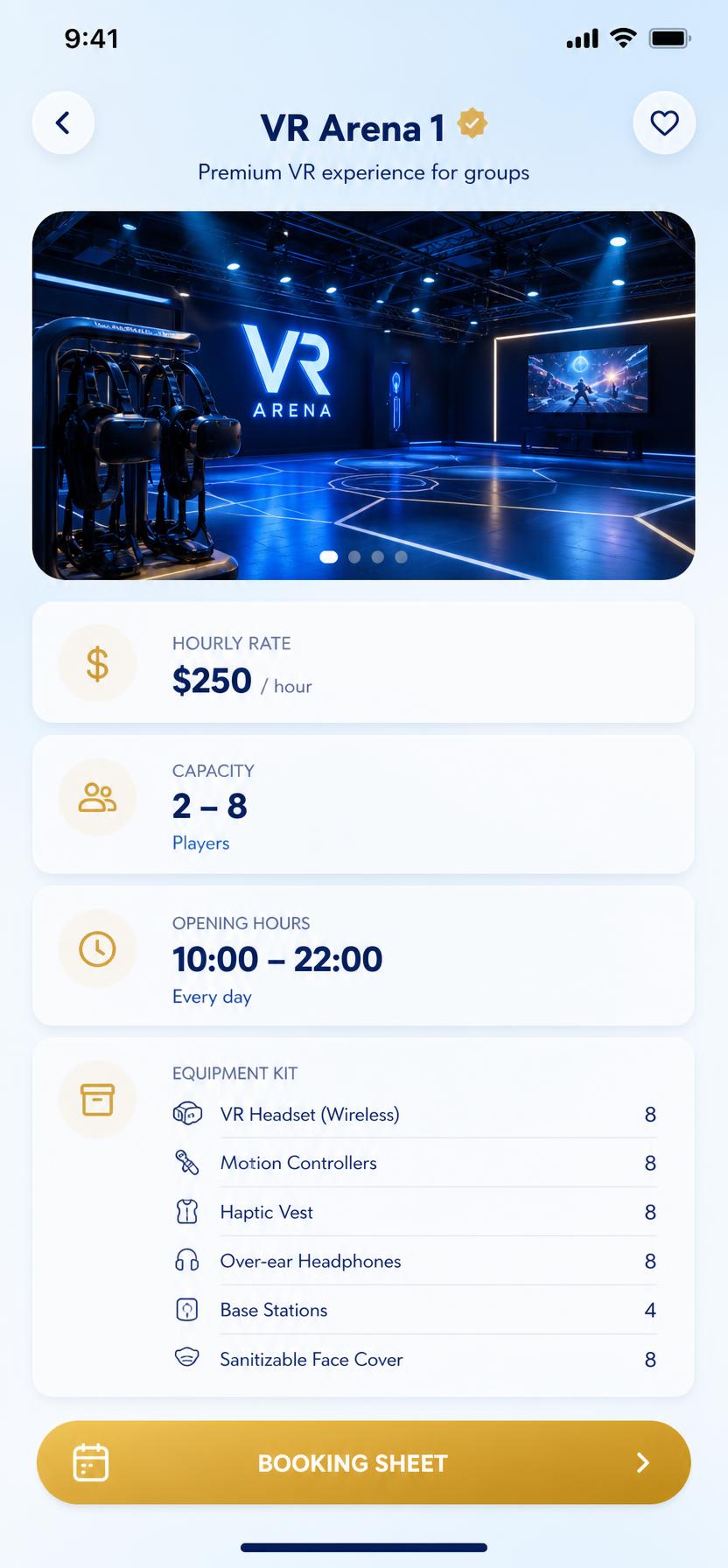 Room detail page showing hourly rate, capacity, hours and kit list